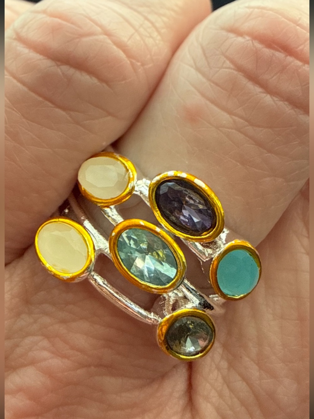 Two-Tone Multi-Stone Sterling Stackable Ring - Aquamarine, Amethyst & Quartz